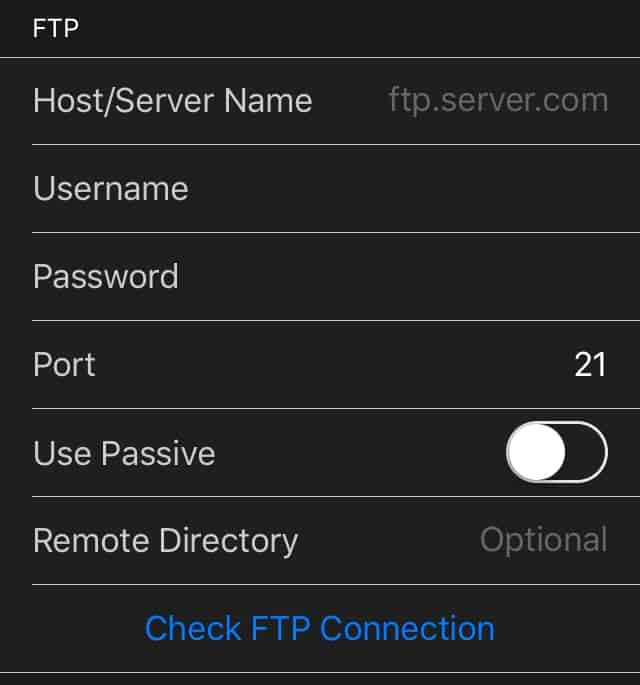 iOS App FTP Settings