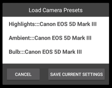 Example CamRanger Android Presets