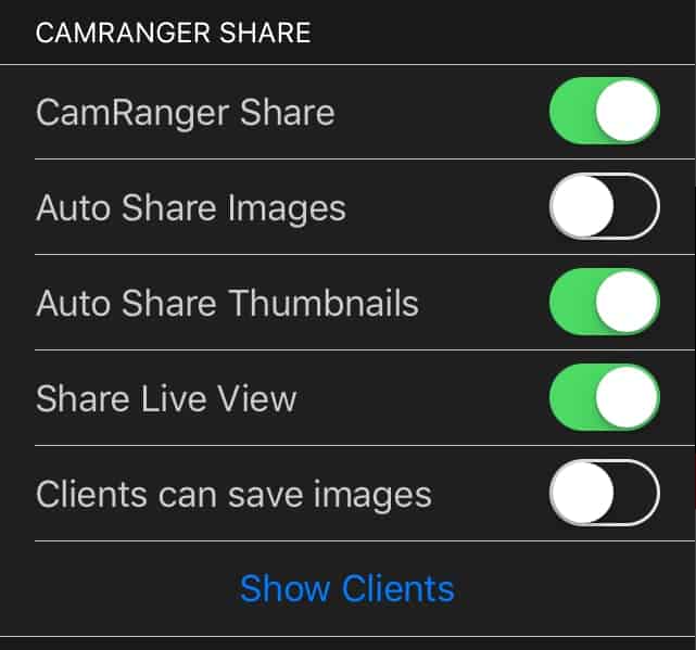 CamRanger Share Settings