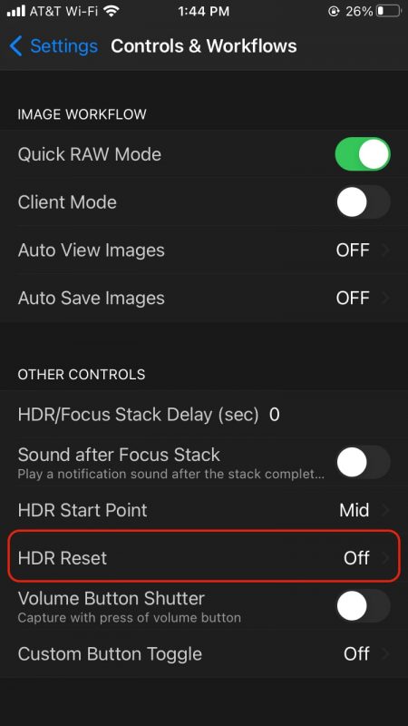 HDR Reset Setting